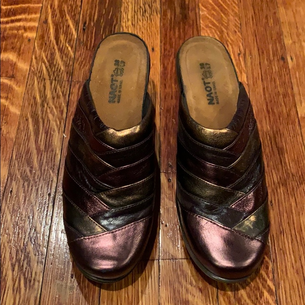 Naot metallic leather slip on clogs